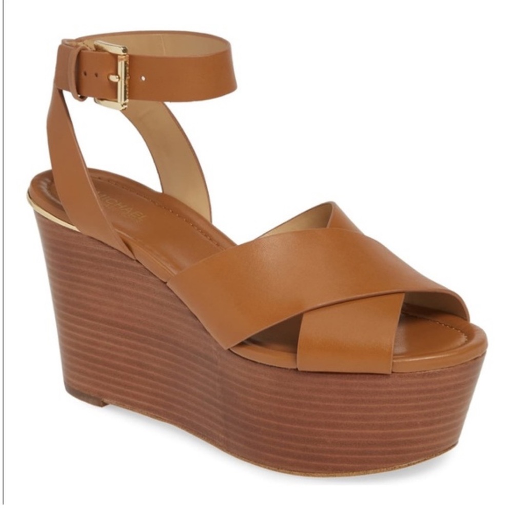 MICHAEL Michael Kors Tan Leather Platform Wedge Sandals - Picture 2 of 9